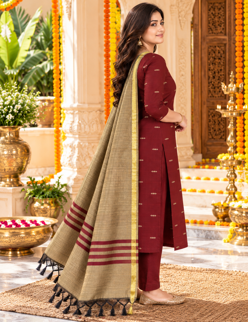 Maroon Zari-Woven Raw Silk 3-Piece Set: Scalloped Neckline & Contrast Dupatta HC3P34