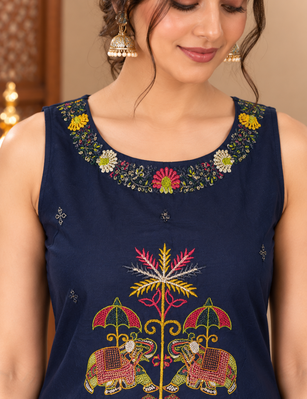 Navy Blue Cotton Festive Ethnic Kurti Set with Vibrant Elephant & Floral Embroidery and Matching Pants HC2P13