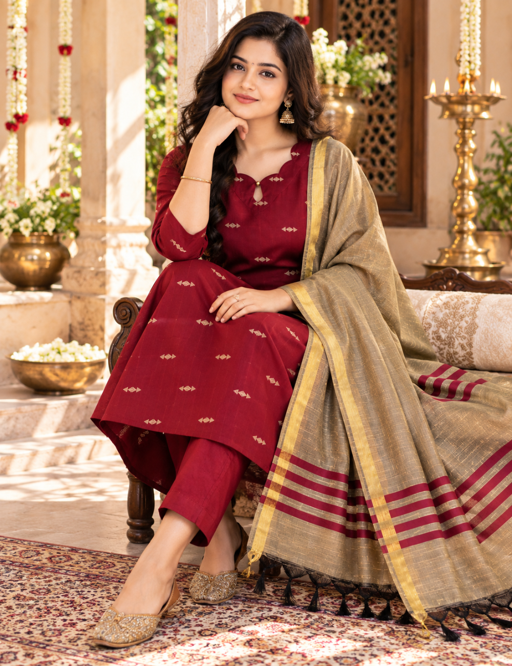 Maroon Zari-Woven Raw Silk 3-Piece Set: Scalloped Neckline & Contrast Dupatta HC3P34
