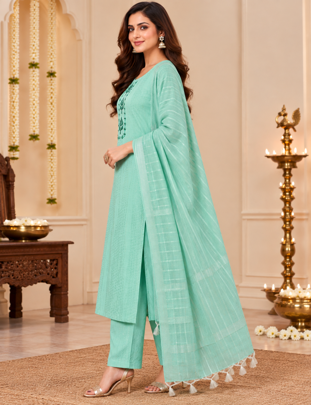 Mint Green Thread Embroidered Cotton 3-Piece Suit Set with Matching Dupatta HC3P31