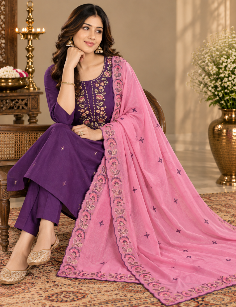 Royal Purple & Soft Pink Vatican silk 3-Piece Suit Set with Intricate Floral Embroidered Yoke & Scalloped Dupatta HC3P16