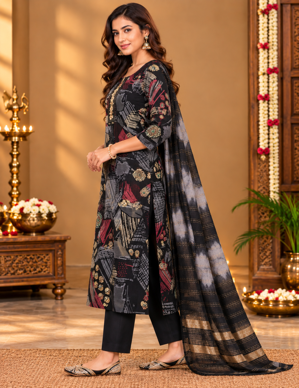 Black Abstract Vatican Silk 3-Piece Kurti Set: Scoop Neckline, Foil Print & Tie-Dye Dupatta HC3P07