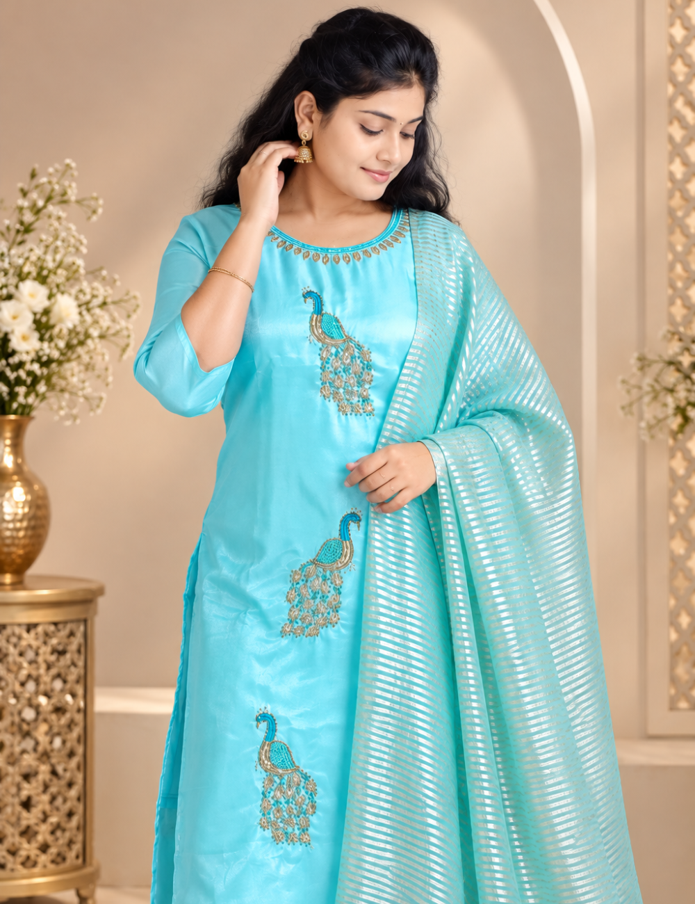 Sky Blue Peacock Embroidered Glassy Silk 3-Piece Ethnic Suit Set with Striped Dupatta HC3P23