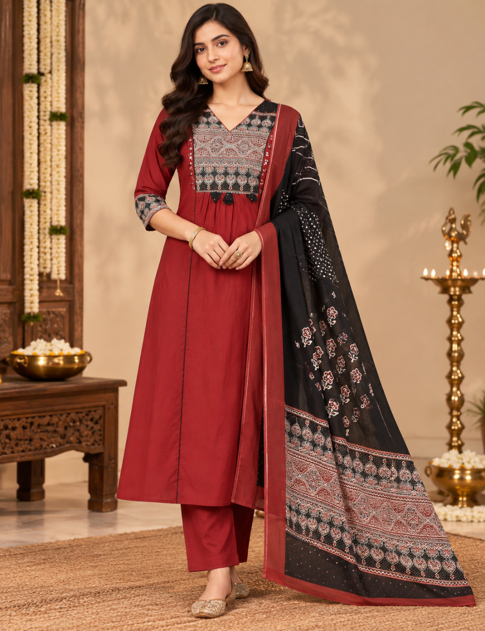 Maroon & Black Printed Cotton Anarkali Kurti with Pants & Contrast Dupatta HC3P30