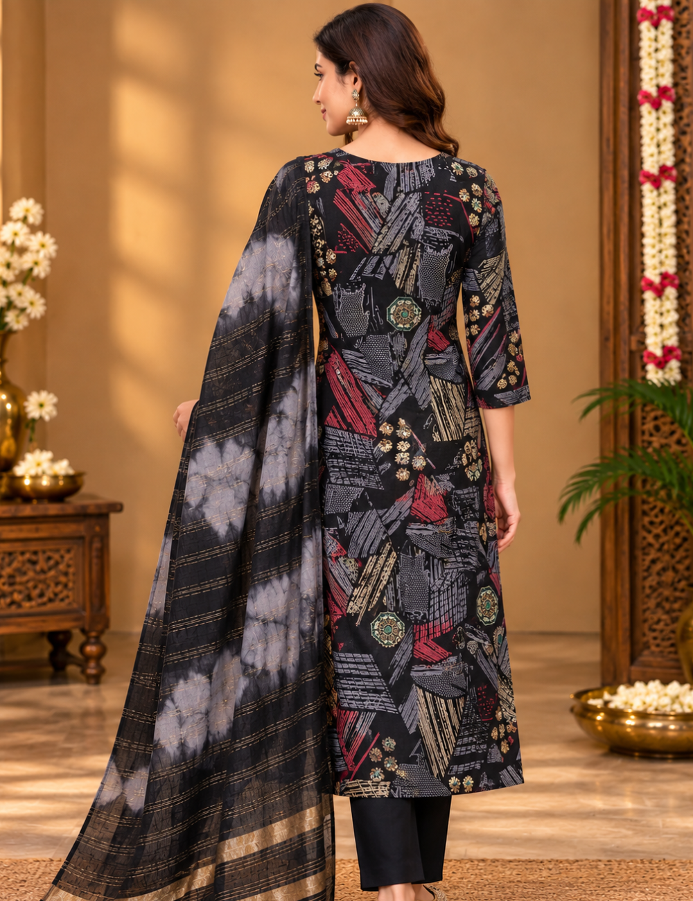 Black Abstract Vatican Silk 3-Piece Kurti Set: Scoop Neckline, Foil Print & Tie-Dye Dupatta HC3P07