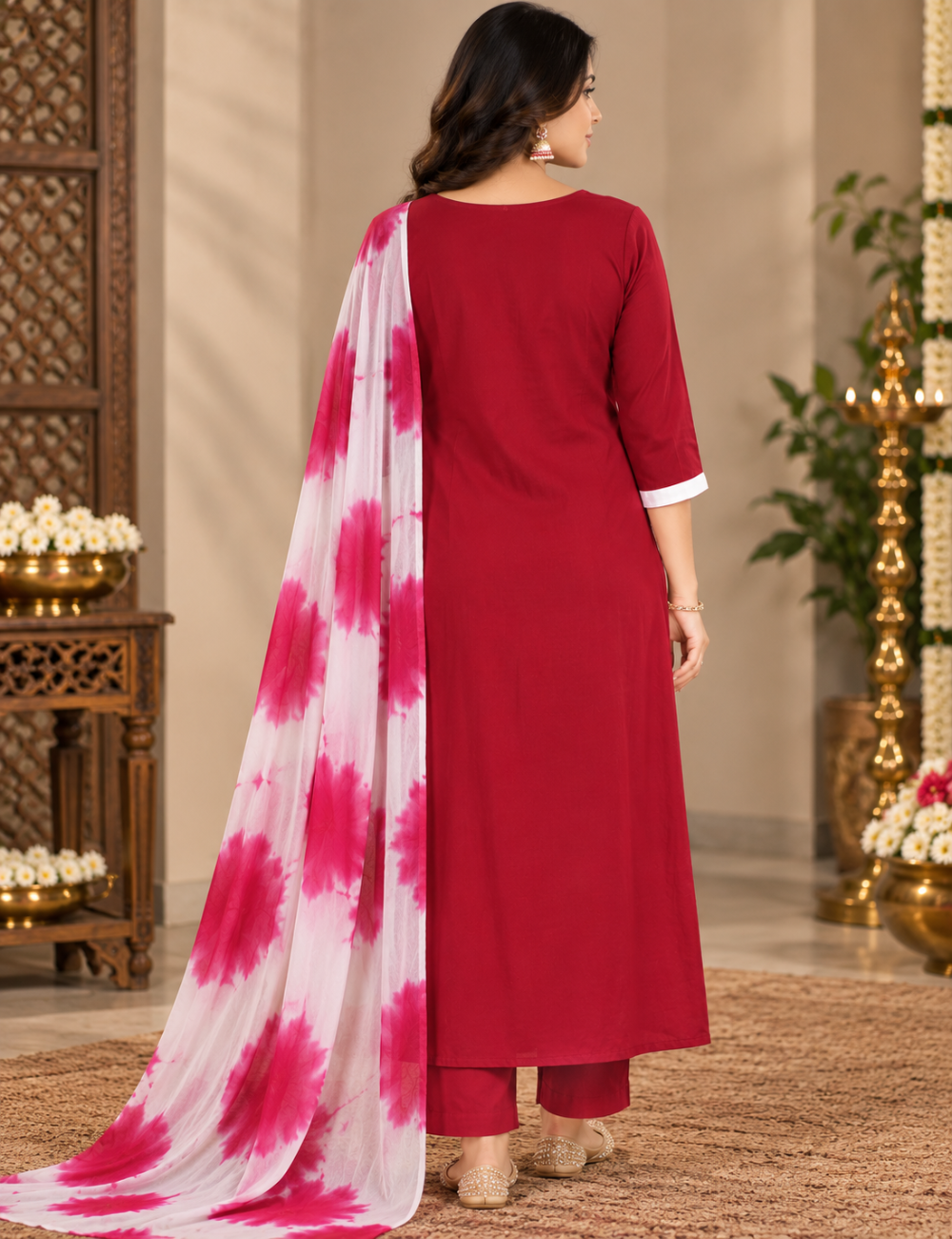 Rich Maroon Rayon 3-Piece Suit Set with Heavy White Floral Embroidered Yoke & Tie-Dye Dupatta HC3P06
