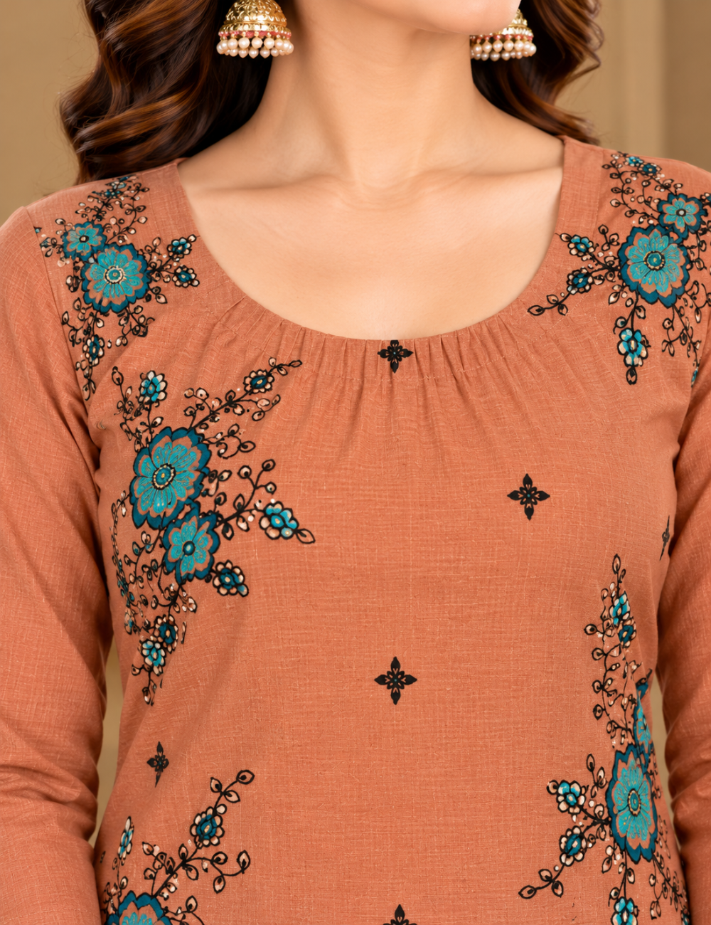 Terracotta Brown Color Vatican Silk Side Cut Kurti with Teal Floral Embroidery HCK10