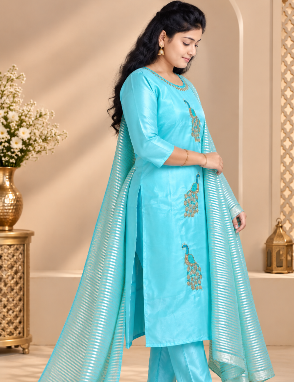 Sky Blue Peacock Embroidered Glassy Silk 3-Piece Ethnic Suit Set with Striped Dupatta HC3P23