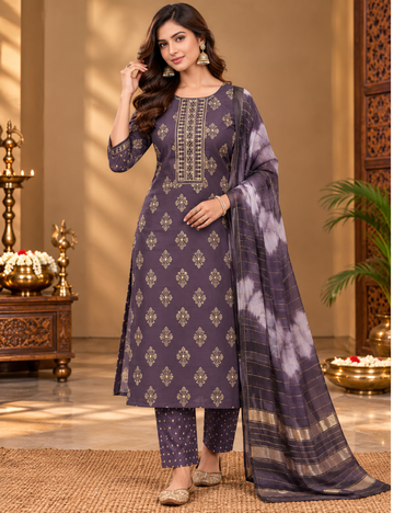 Light Mauve Rayon 3-Piece Kurti Set: Foil Print Motifs, Embroidered Placket &Tie-Dye Dupatta HC3P04
