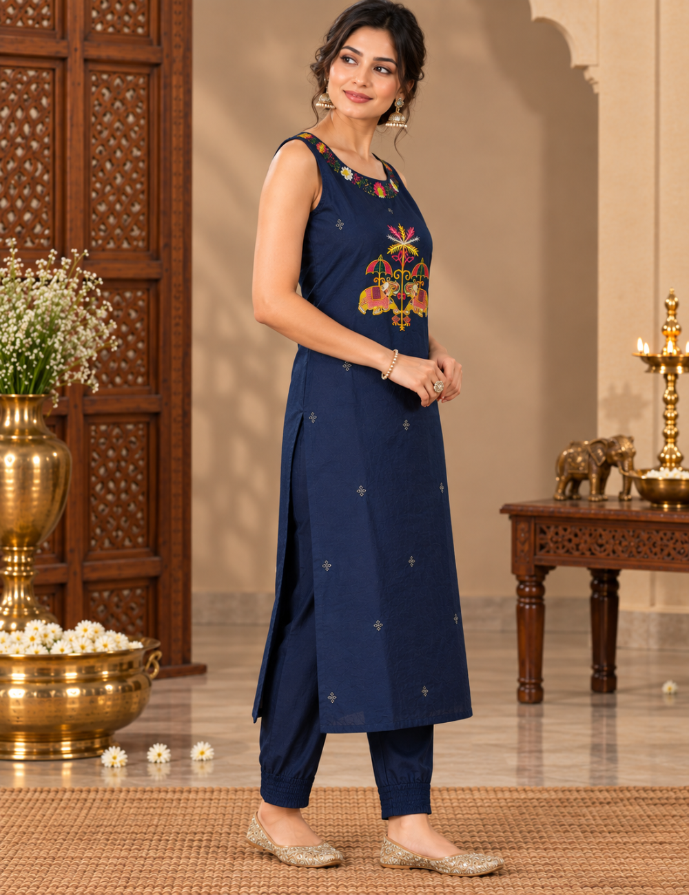 Navy Blue Cotton Festive Ethnic Kurti Set with Vibrant Elephant & Floral Embroidery and Matching Pants HC2P13