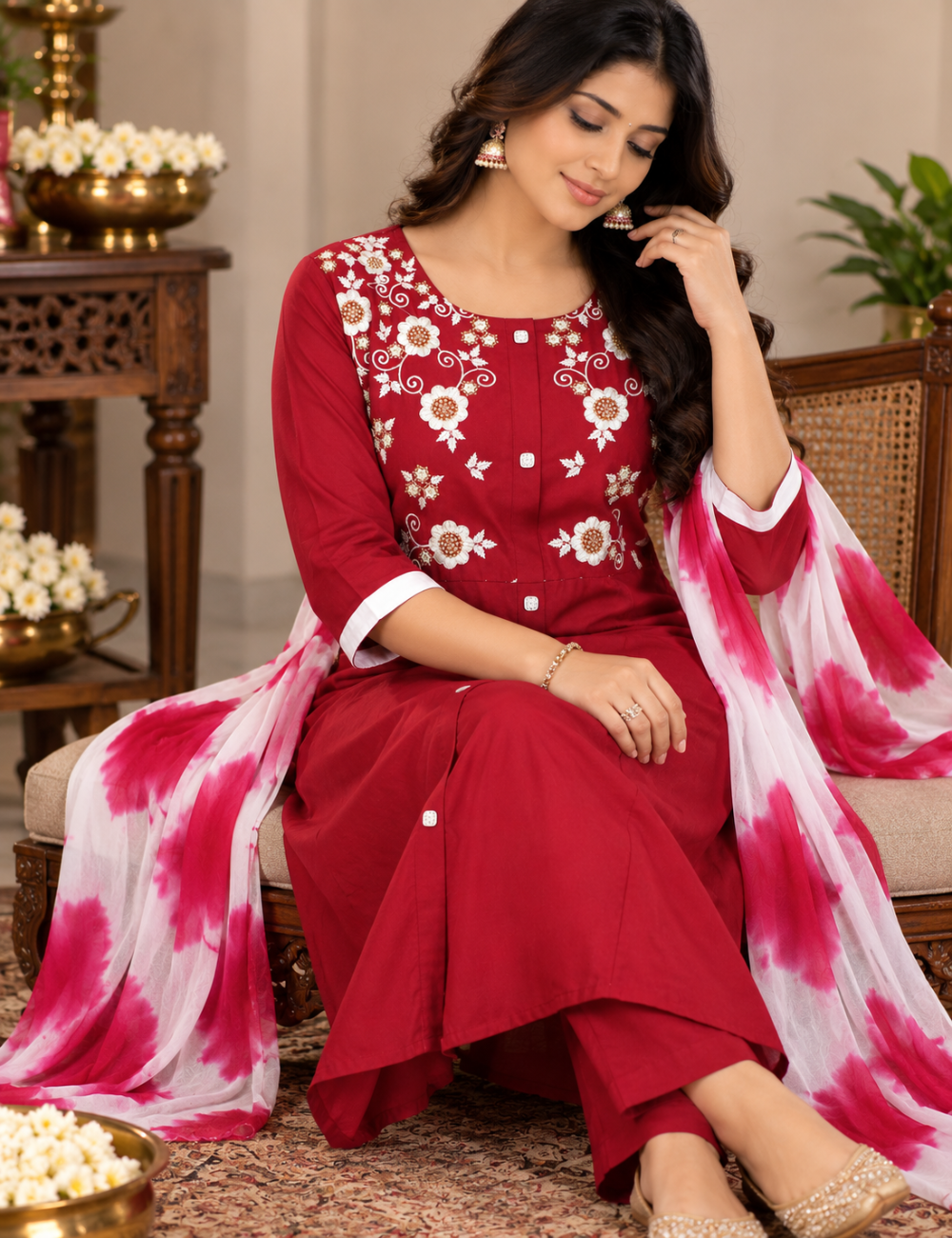 Rich Maroon Rayon 3-Piece Suit Set with Heavy White Floral Embroidered Yoke & Tie-Dye Dupatta HC3P06