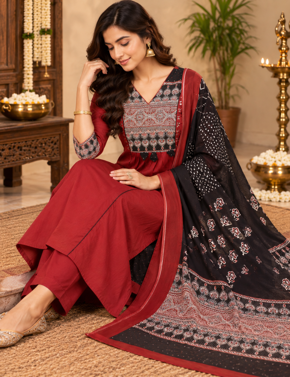 Maroon & Black Printed Cotton Anarkali Kurti with Pants & Contrast Dupatta HC3P30