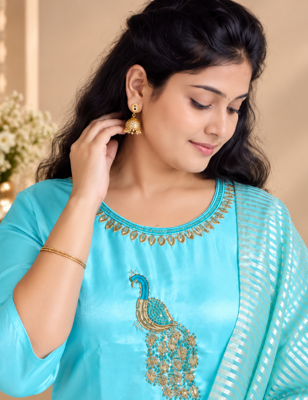 Sky Blue Peacock Embroidered Glassy Silk 3-Piece Ethnic Suit Set with Striped Dupatta HC3P23
