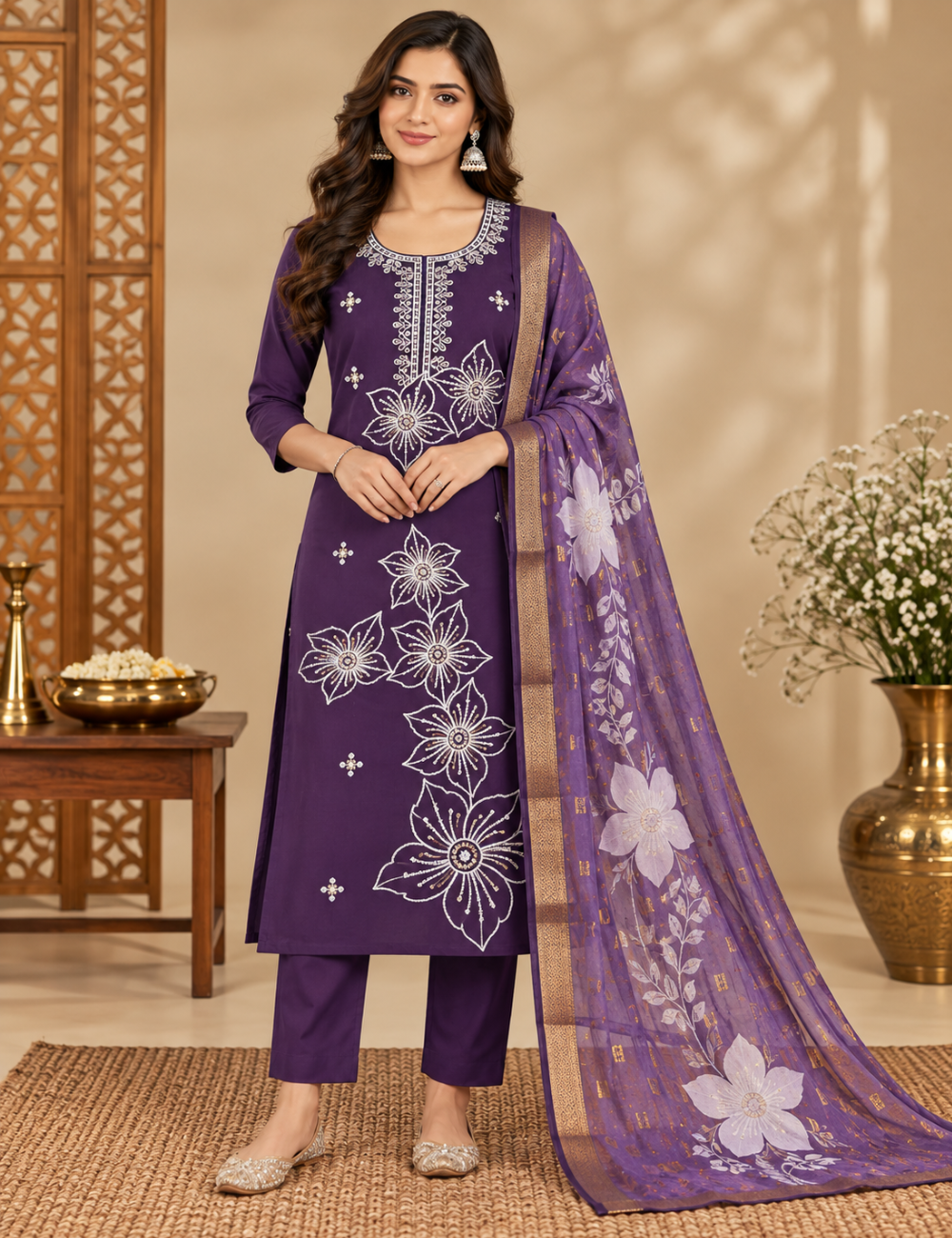 Deep Purple Roman Silk Floral Embroidered Kurti Set: Jacquard Digital Dupatta HC3P15