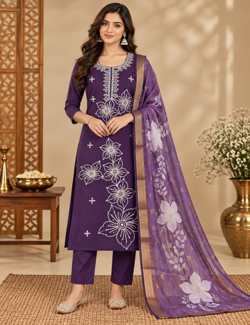 Deep Purple Roman Silk Floral Embroidered Kurti Set: Jacquard Digital Dupatta HC3P15