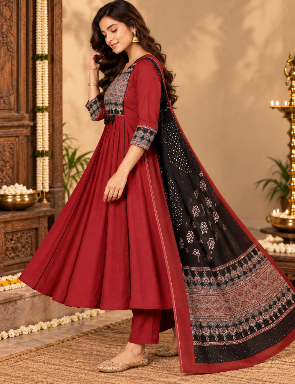 Maroon & Black Printed Cotton Anarkali Kurti with Pants & Contrast Dupatta HC3P30