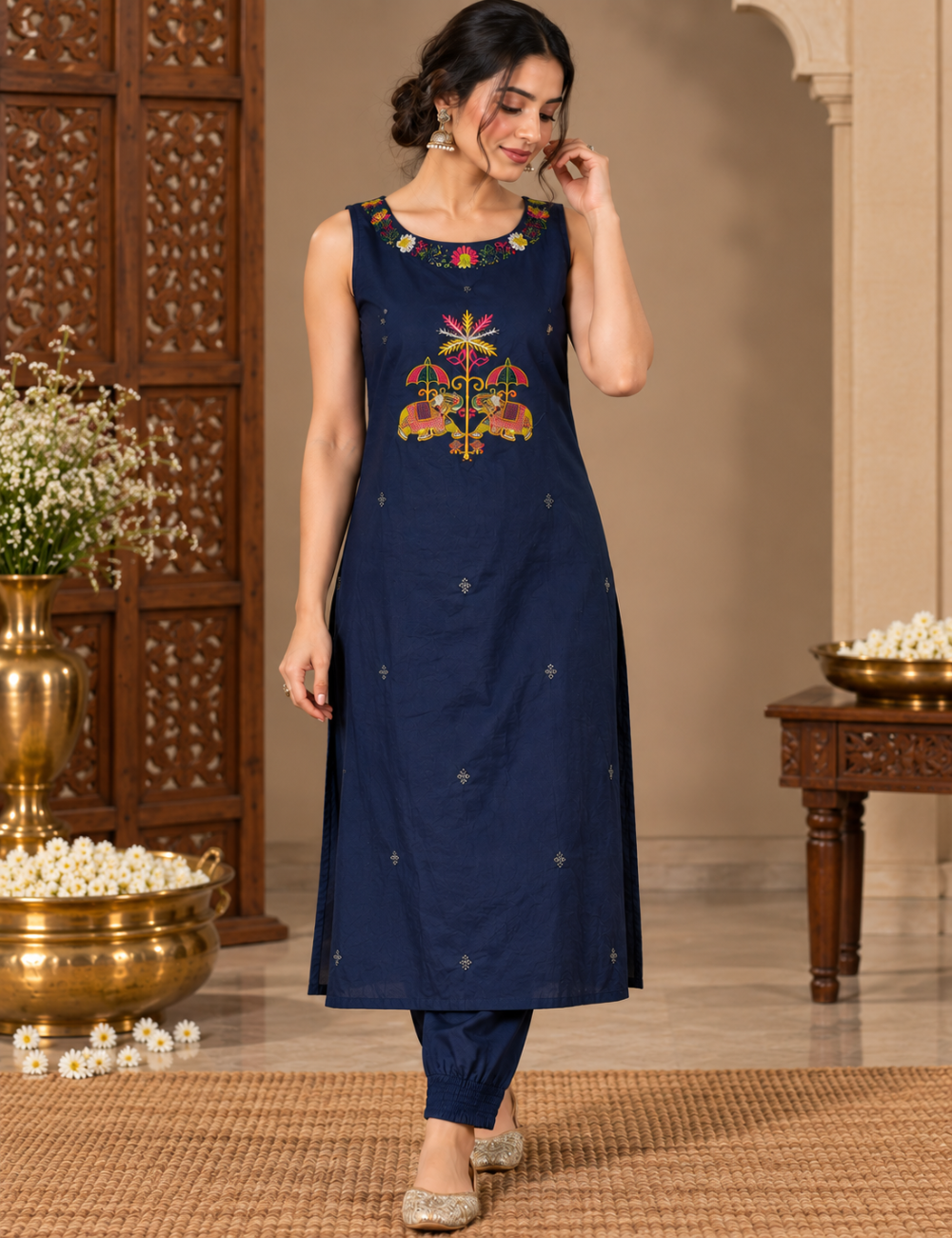 Navy Blue Cotton Festive Ethnic Kurti Set with Vibrant Elephant & Floral Embroidery and Matching Pants HC2P13
