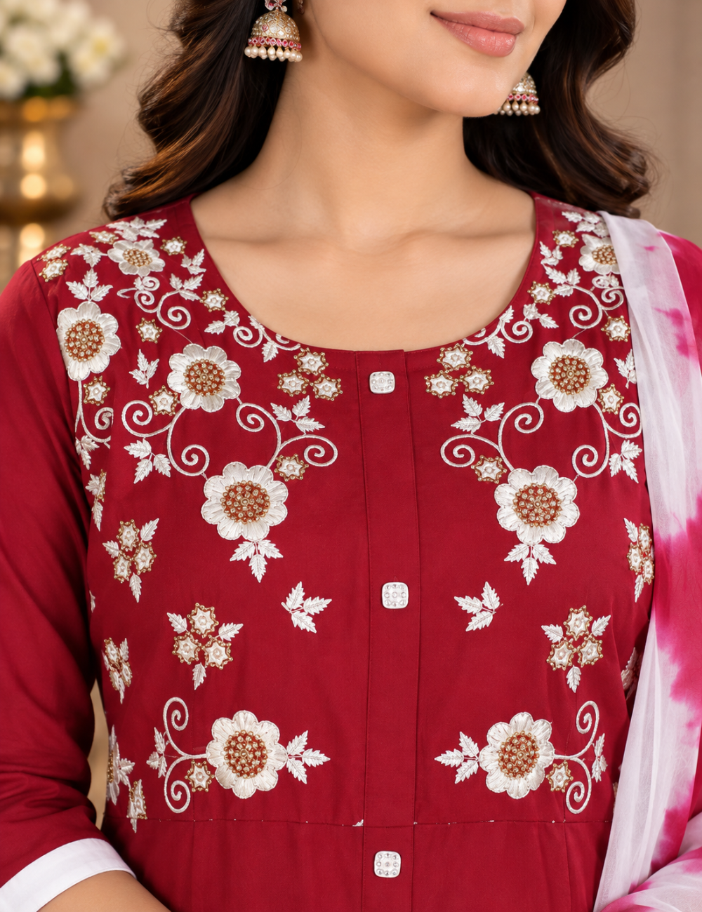 Rich Maroon Rayon 3-Piece Suit Set with Heavy White Floral Embroidered Yoke & Tie-Dye Dupatta HC3P06
