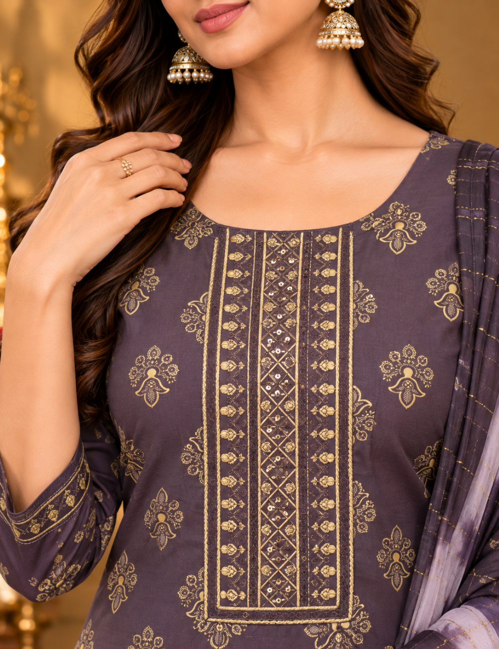 Light Mauve Rayon 3-Piece Kurti Set: Foil Print Motifs, Embroidered Placket &Tie-Dye Dupatta HC3P04