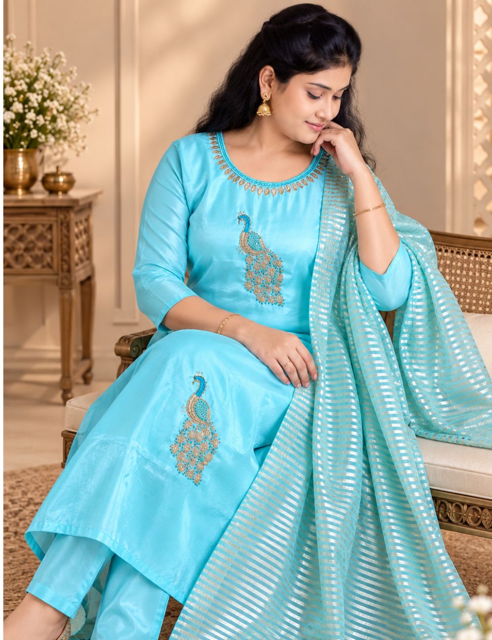 Sky Blue Peacock Embroidered Glassy Silk 3-Piece Ethnic Suit Set with Striped Dupatta HC3P23