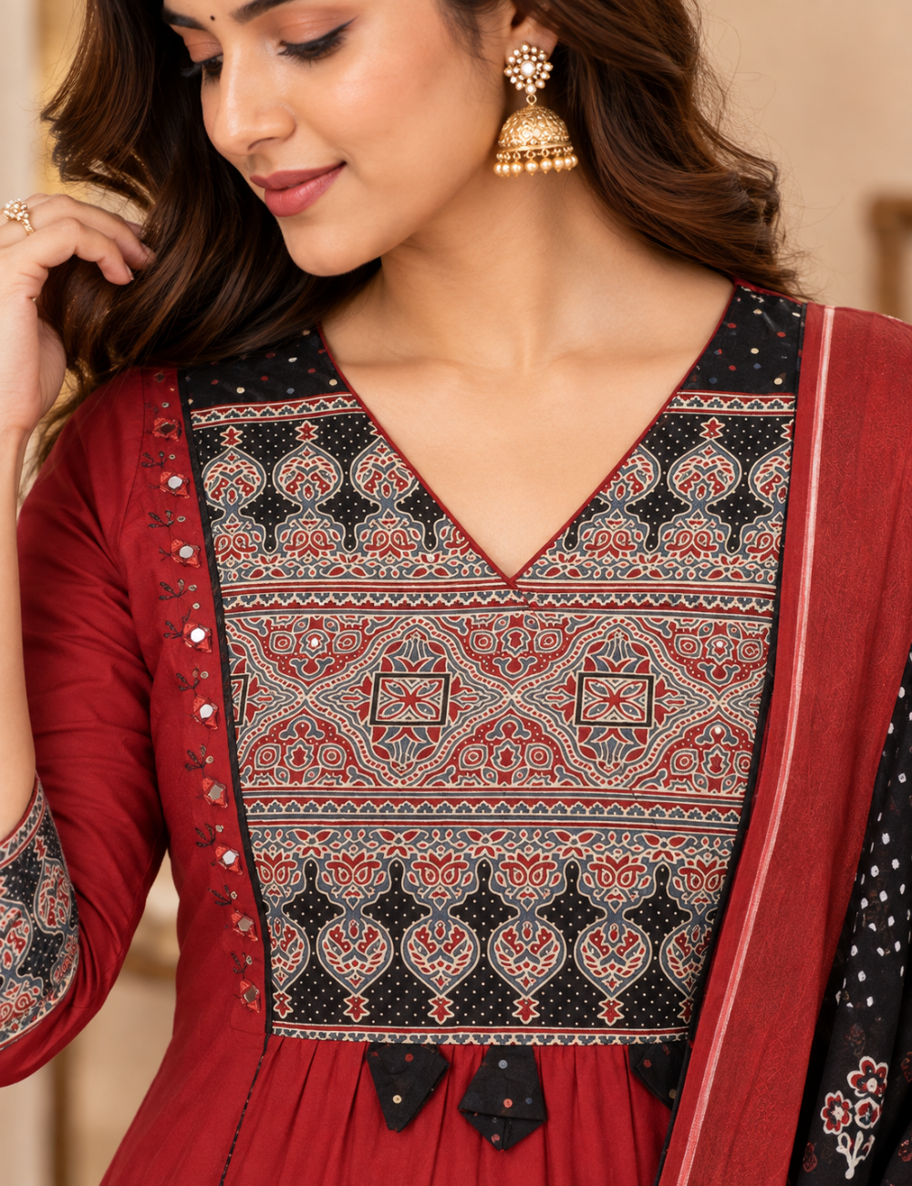 Maroon & Black Printed Cotton Anarkali Kurti with Pants & Contrast Dupatta HC3P30