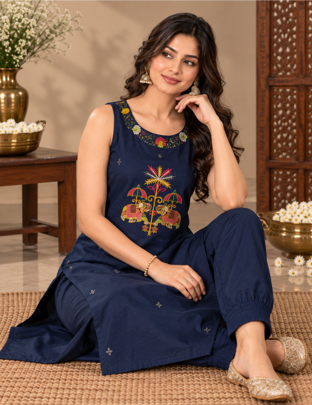 Navy Blue Cotton Festive Ethnic Kurti Set with Vibrant Elephant & Floral Embroidery and Matching Pants HC2P13