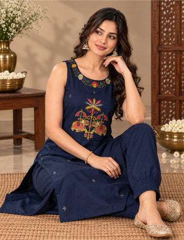 Navy Blue Cotton Festive Ethnic Kurti Set with Vibrant Elephant & Floral Embroidery and Matching Pants HC2P13