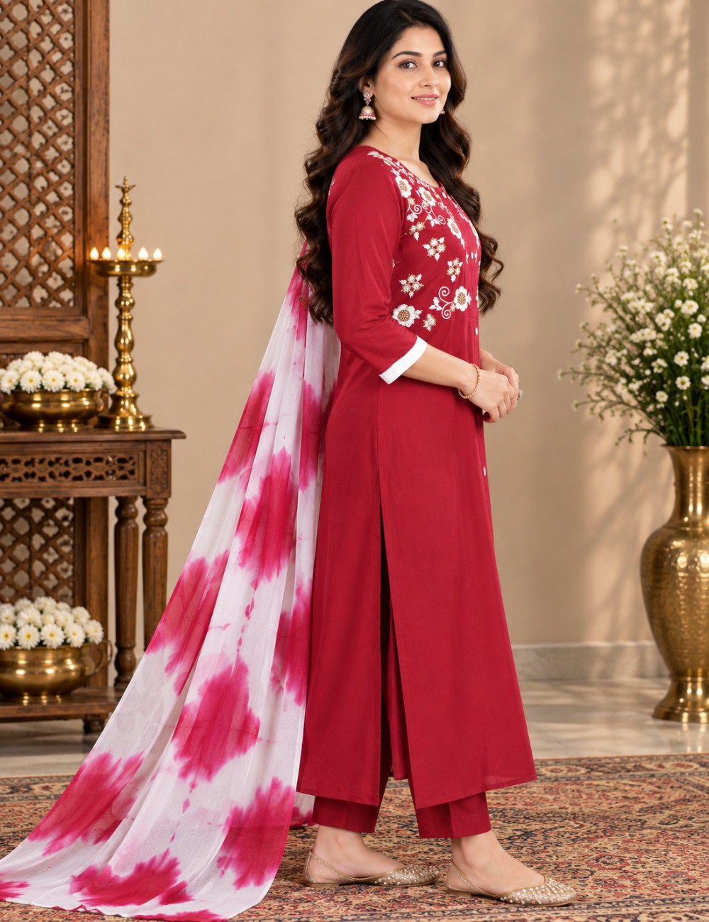 Rich Maroon Rayon 3-Piece Suit Set with Heavy White Floral Embroidered Yoke & Tie-Dye Dupatta HC3P06