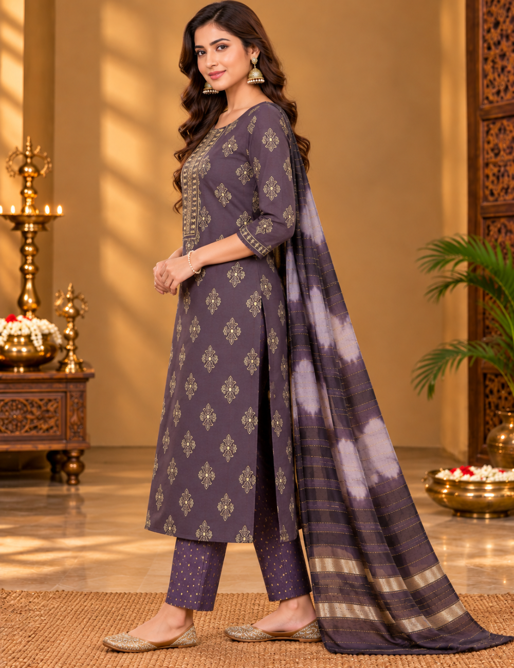 Light Mauve Rayon 3-Piece Kurti Set: Foil Print Motifs, Embroidered Placket &Tie-Dye Dupatta HC3P04