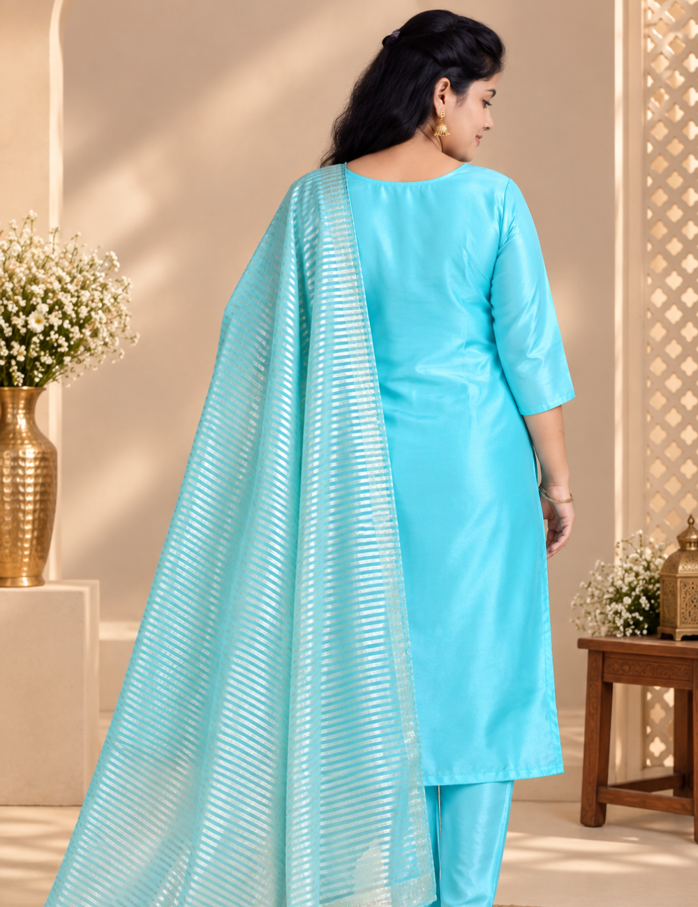 Sky Blue Peacock Embroidered Glassy Silk 3-Piece Ethnic Suit Set with Striped Dupatta HC3P23