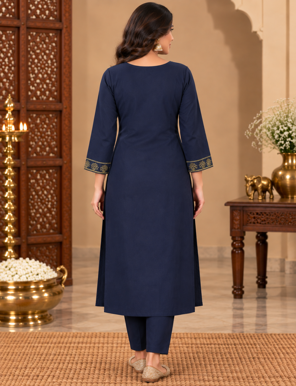 Navy Blue Dabbu Cotton 3/4-Sleeve Ethnic Kurti Set with Golden Tree Embroidery, Notched Neckline, and Matching Trousers HC2P12