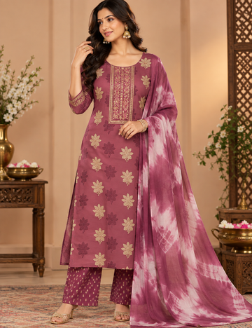 Dusty Rose Rayon 3-Piece Kurti Set: Floral Foil Print Motifs, Embroidered Yoke & Tie-Dye Dupatta HC3P05