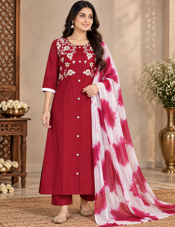 Rich Maroon Rayon 3-Piece Suit Set with Heavy White Floral Embroidered Yoke & Tie-Dye Dupatta HC3P06