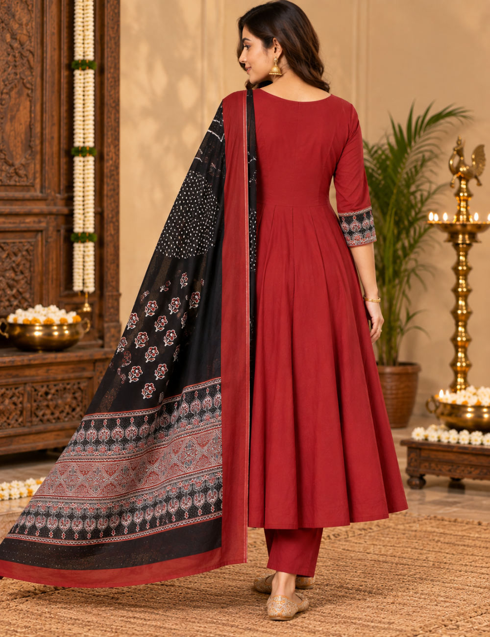 Maroon & Black Printed Cotton Anarkali Kurti with Pants & Contrast Dupatta HC3P30