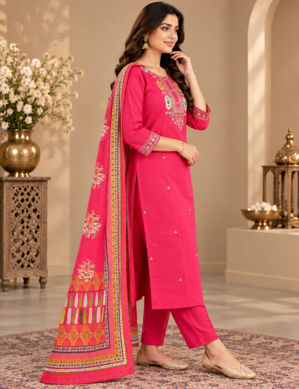 Vibrant Pink Embroidered Roman Silk 3-Piece Ethnic Suit Set with Floral Dupatta HC3P19