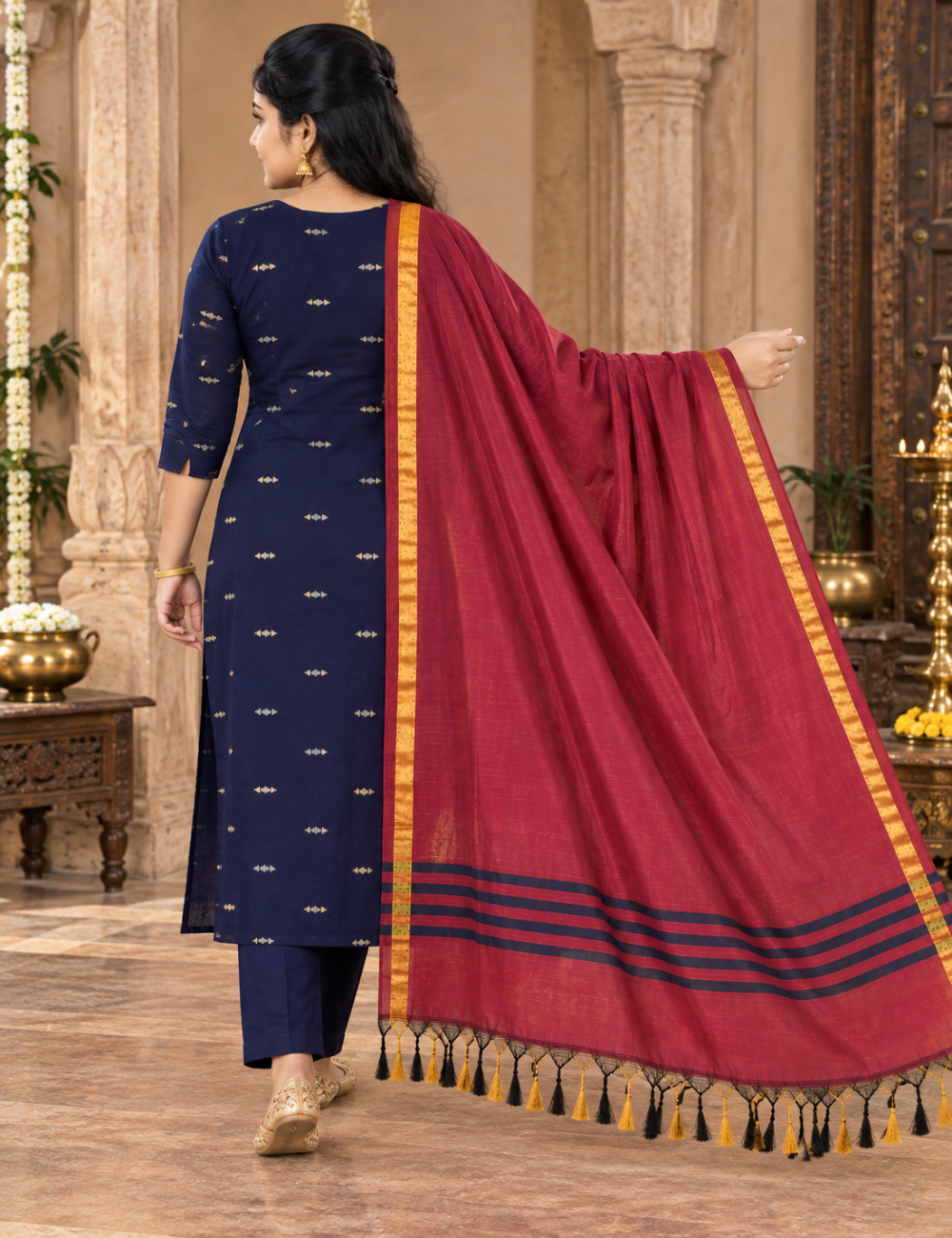 Navy Blue Raw Silk 3-Piece Set: Scalloped Neckline & Contrast Dupatta HC3P36
