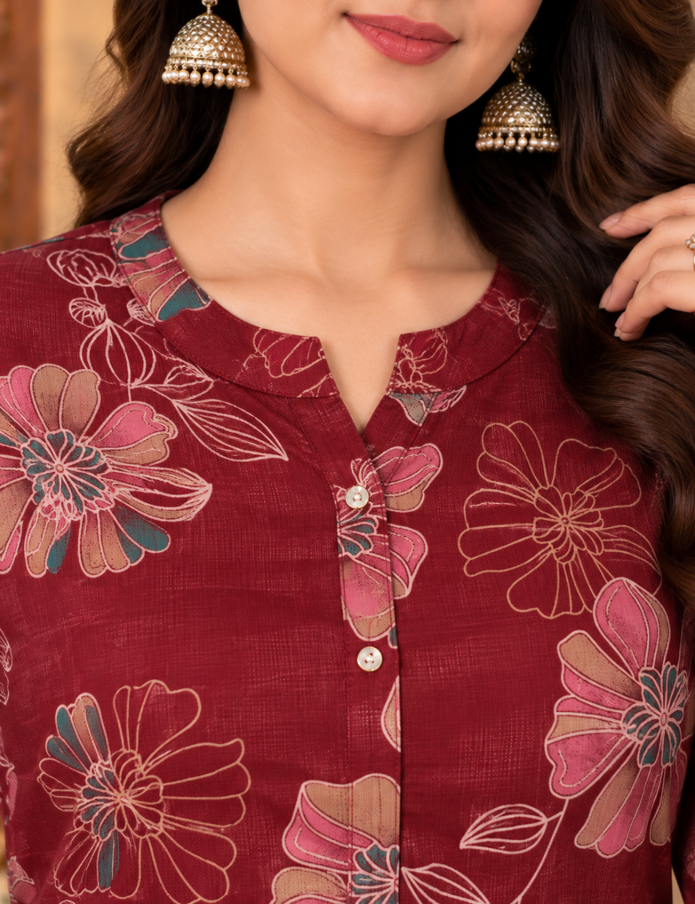Vatican 2 Piece Floral Printed 3/4-Sleeve Kurti Set with Mandarin Collar, Button Placket, and Matching Trousers HC2P07