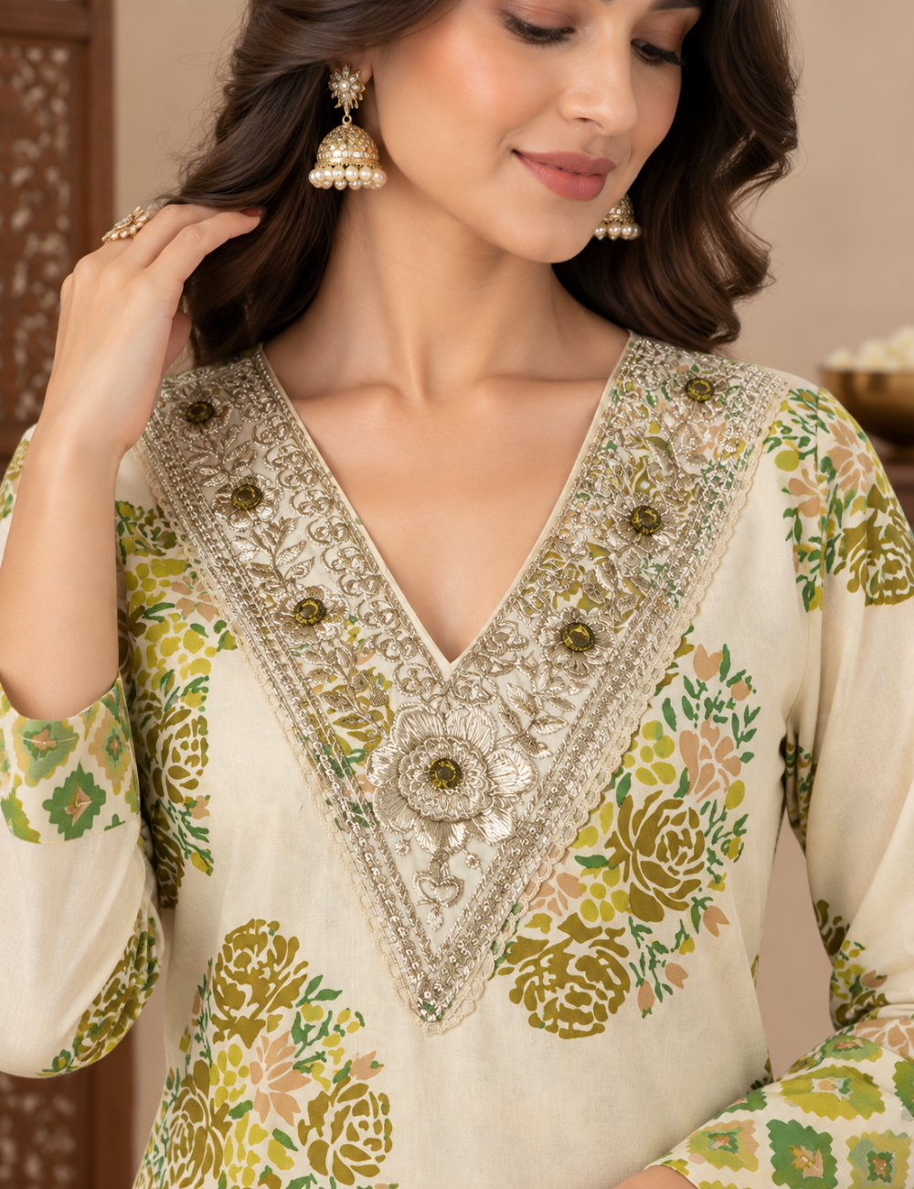 Elegant Dutch White Floral Printed & Embroidered Cotton Two-Piece Suit Set HC2P16