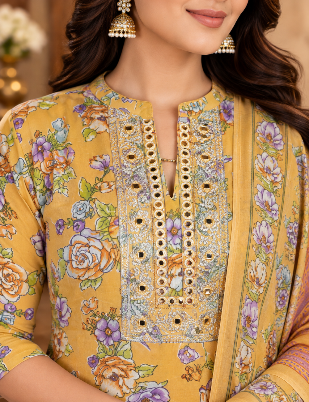 Orange Floral Printed Cotton 3-Piece Suit Set with Mirror-Work Yoke and Matching Dupatta HC3P33