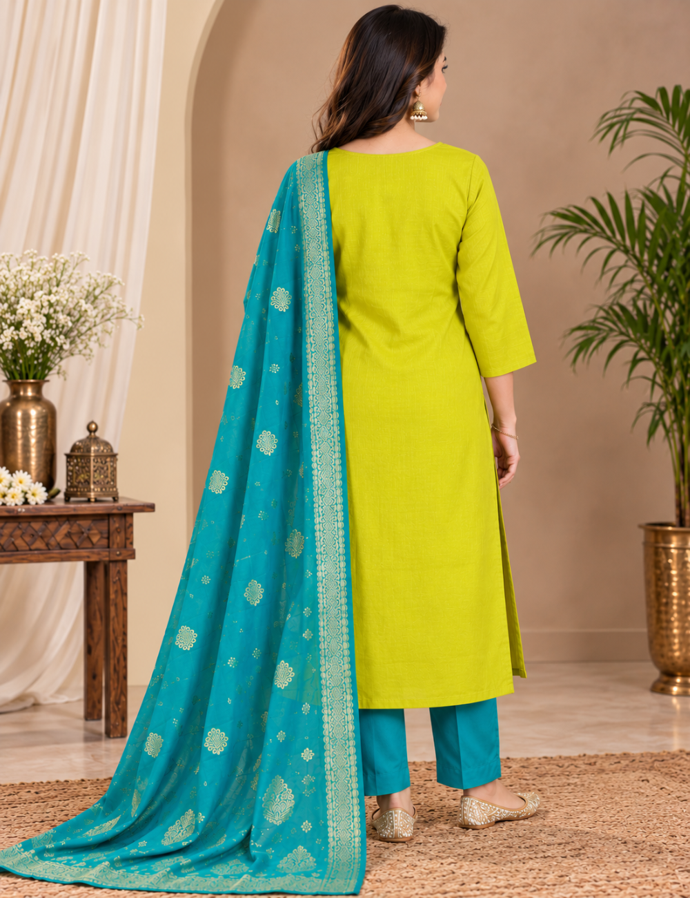 Lime Green & Teal Vatican 3-Piece Suit Set with Hand-Embroidered Floral Yoke & Contrast Banarasi-Style Dupatta HC3P09