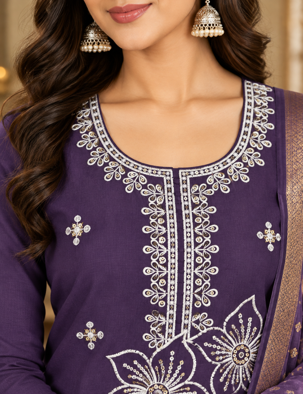 Deep Purple Roman Silk Floral Embroidered Kurti Set: Jacquard Digital Dupatta HC3P15
