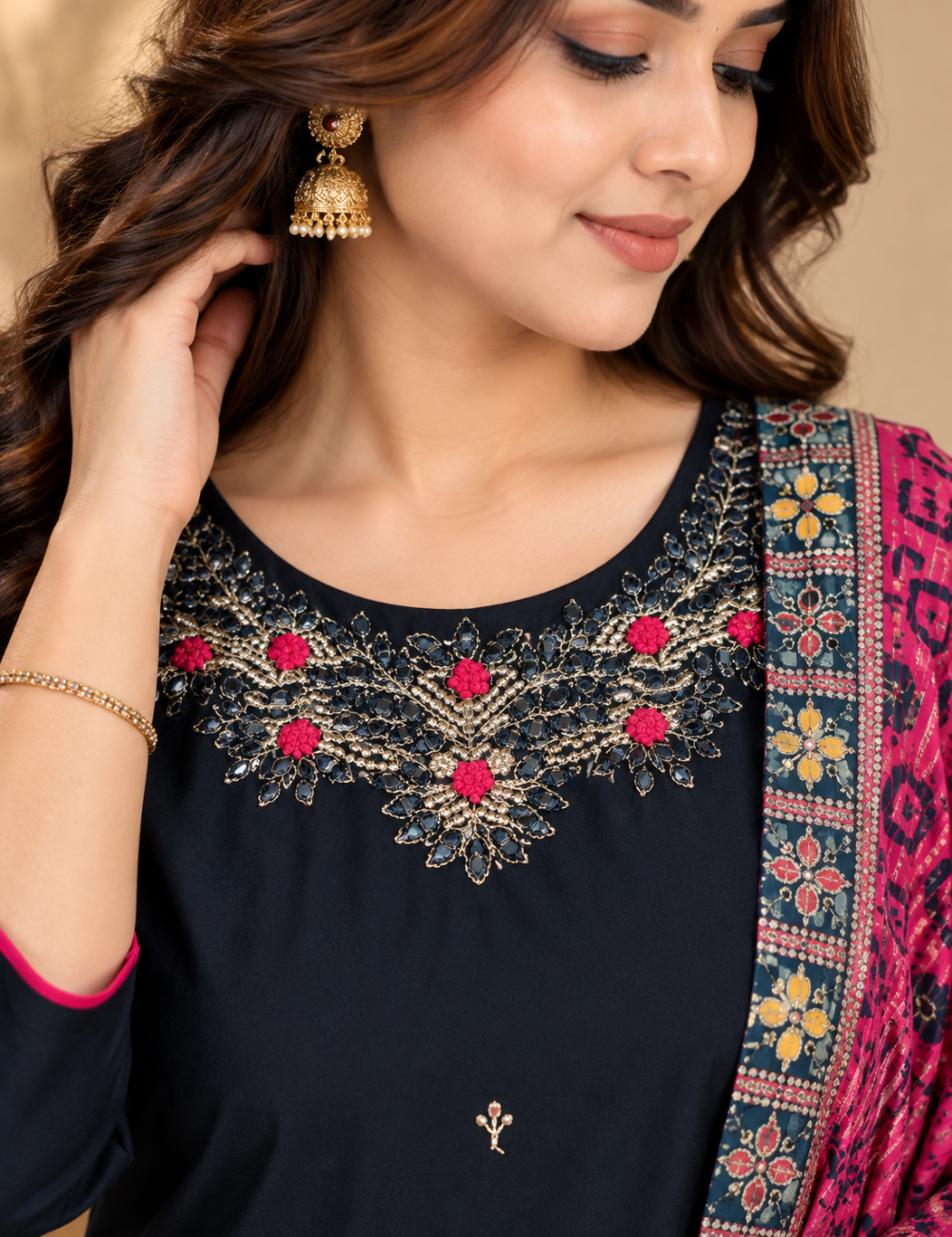 Classic Black and Pink Embroidered Vatican Silk 3-Piece Ethnic Suit Set with Printed Dupatta HC3P22