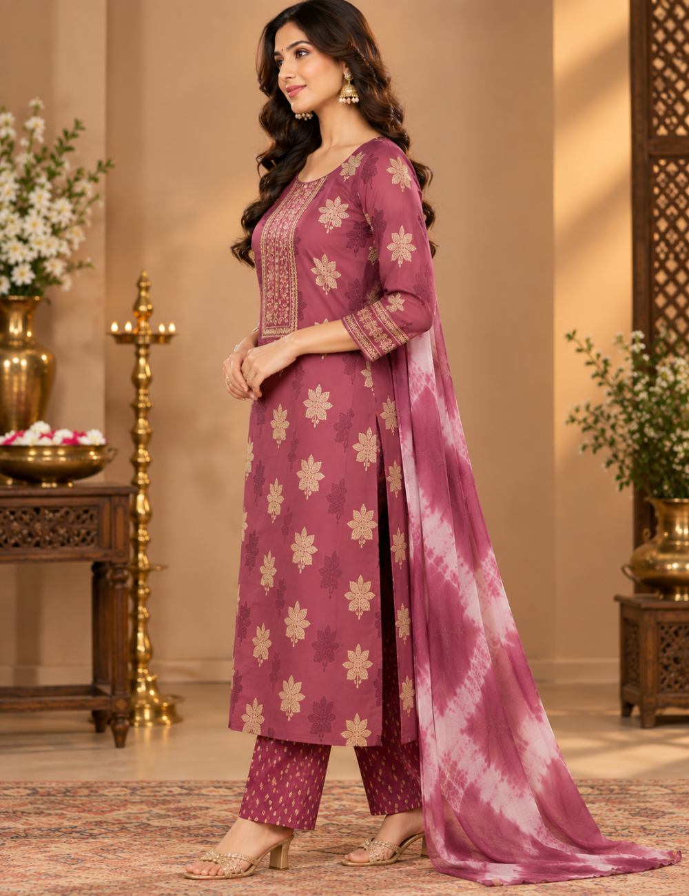 Dusty Rose Rayon 3-Piece Kurti Set: Floral Foil Print Motifs, Embroidered Yoke & Tie-Dye Dupatta HC3P05