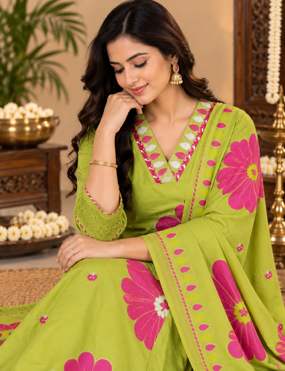 Lime Green & Pink Floral Printed Cotton 3-Piece Suit Set with Matching Dupatta HC3P29