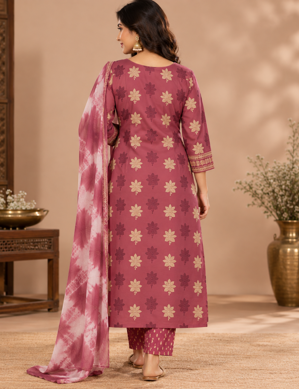 Dusty Rose Rayon 3-Piece Kurti Set: Floral Foil Print Motifs, Embroidered Yoke & Tie-Dye Dupatta HC3P05