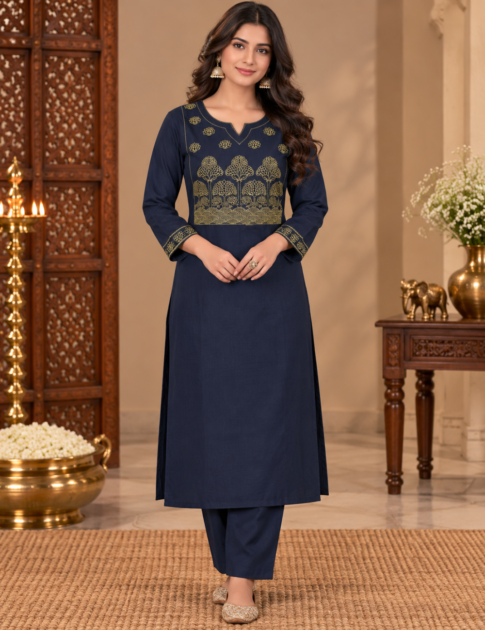 Navy Blue Dabbu Cotton 3/4-Sleeve Ethnic Kurti Set with Golden Tree Embroidery, Notched Neckline, and Matching Trousers HC2P12