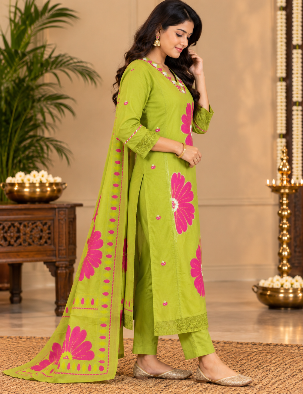 Lime Green & Pink Floral Printed Cotton 3-Piece Suit Set with Matching Dupatta HC3P29