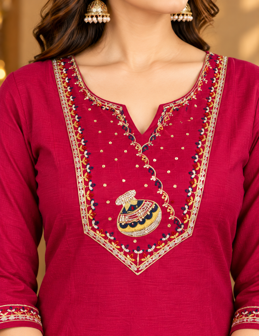 Crimson Red Vichitra Side Cut Kurti with Traditional Pot Motif Yoke Embroidery with Lining HCK11