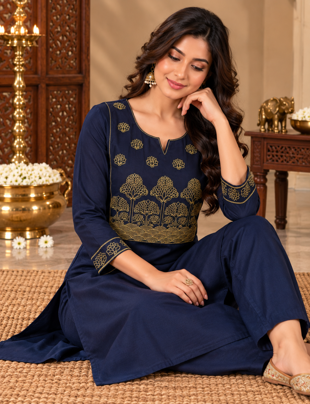 Navy Blue Dabbu Cotton 3/4-Sleeve Ethnic Kurti Set with Golden Tree Embroidery, Notched Neckline, and Matching Trousers HC2P12