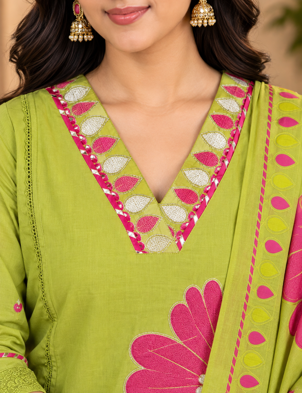 Lime Green & Pink Floral Printed Cotton 3-Piece Suit Set with Matching Dupatta HC3P29